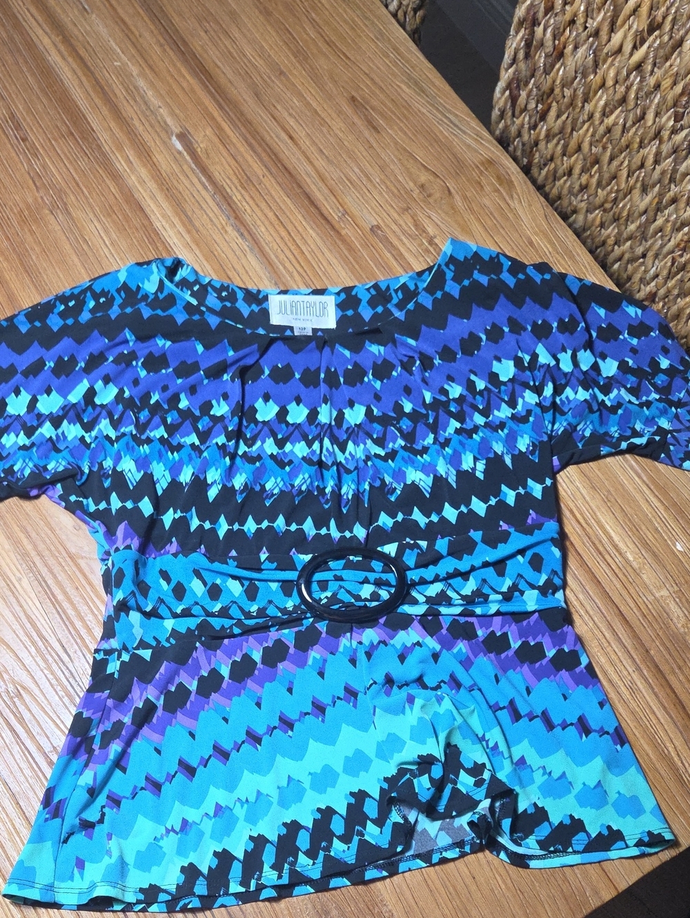 Julian Taylor Teal, Blue & Purple Geometric Belted Top